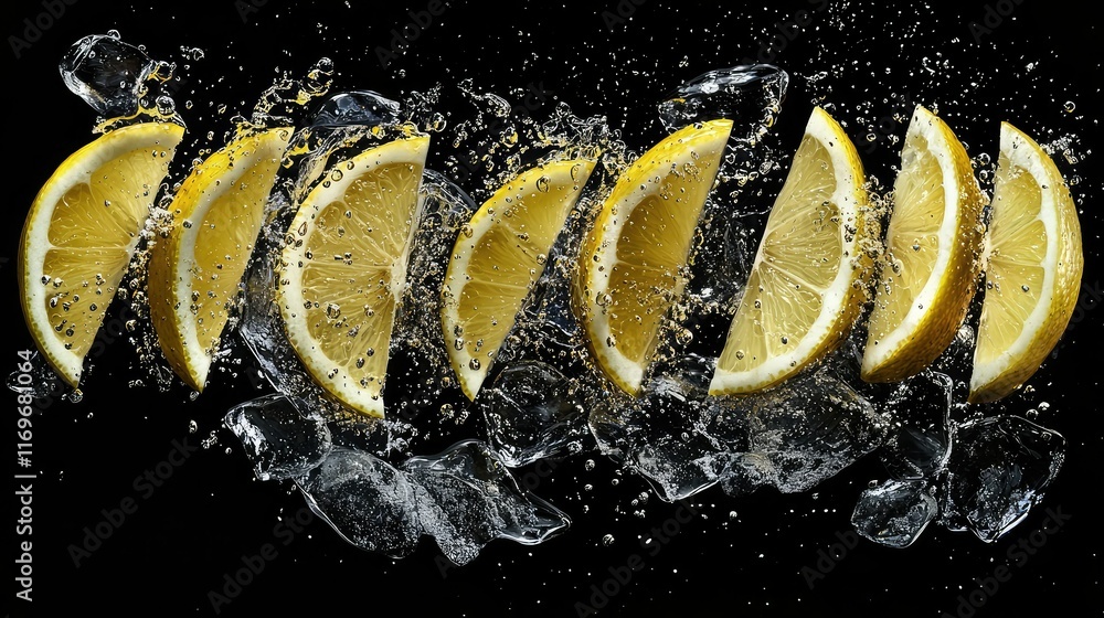 Poster fresh lemon slices splashing in water with ice chunks on black background