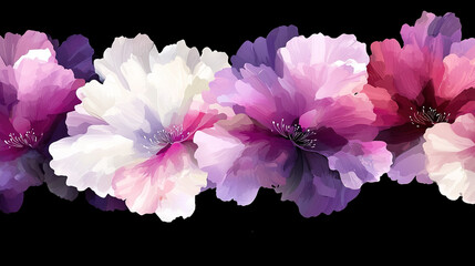   A cluster of pink and white blooms on dark canvas with center caption
