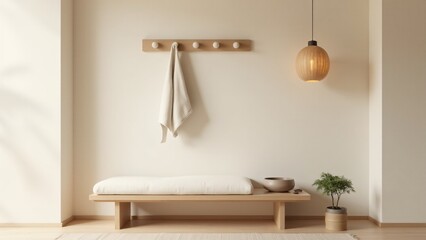 Japandi entryway blending Scandinavian simplicity and Japanese minimalism. Soft beige tones, light wood, and natural elements create a serene and functional design.