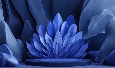 Obraz premium 3D background with a dark blue podium display in the center, set on a pastel dark blue stone base. Behind the podium, a vibrant water splash rises