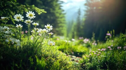 Fototapeta premium Vibrant Wildflowers Blooming in a Sunlit Forest Clearing