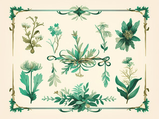 Elegant botanical illustration featuring a collection of various teal-colored flowers and leaves, artfully arranged within an ornate frame.
