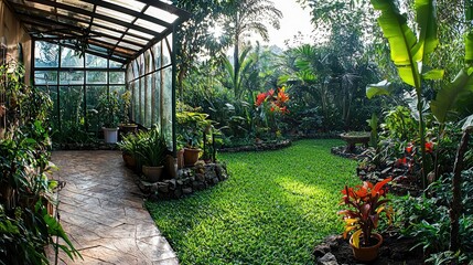 Obraz premium Lush greenhouse interior with vibrant plants and sunlight streaming in