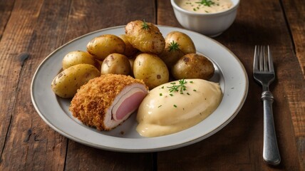 Homemade Chicken Cordon Bleu with Ham and Cheese, Served with New Potatoes and Creamy Sauce