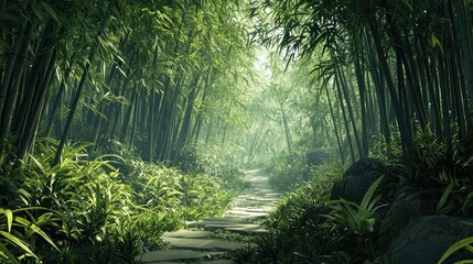 Fototapeta premium Serene Bamboo Forest Pathway Through Lush Green Foliage