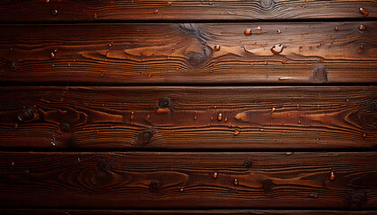 Dark brown wooden planks are wet with water drops, creating a textured background ideal for product photography or rustic design projects
