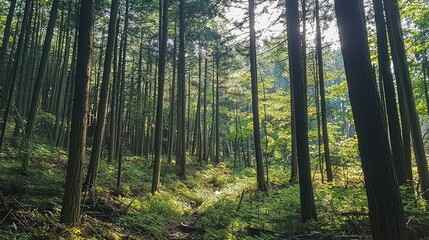 Obraz premium Serene Forest Landscape with Tall Trees and Sunlight Filtering Through