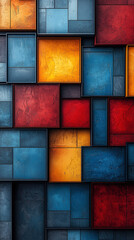 Fototapeta premium Abstract vibrant color blocks in bold electric blue, red, and yellow, arranged in a grid pattern, with subtle gradients and solid colors creating dynamic contrast and energy in a minimalistic design 