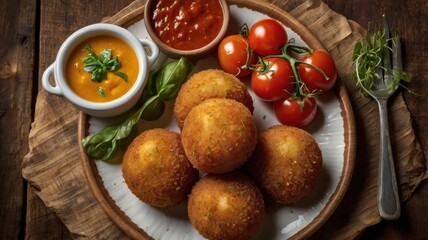 Traditional Sicilian Arancini with Two Flavorful Dipping Sauces 
