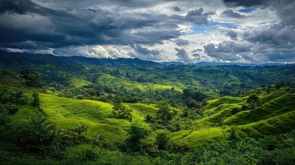 Fototapeta premium Lush Green Landscape with Dramatic Clouds and Rolling Hills
