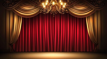 Elegant theater stage with red curtains and a chandelier above.