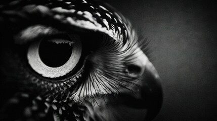   A zoomed-in image of an owl's eye in black and white
