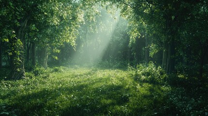 Serene Sunlight Filtering Through Lush Green Forest Canopy
