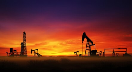 Silhouette of Oil Mining Equipment at a Dramatic Sunset.