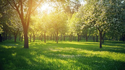 Fototapeta premium Serene Sunlit Orchard with Blooming Trees and Lush Green Grass