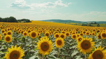 Bright Sunflower Field Under Clear Blue Sky in Rural Landscape