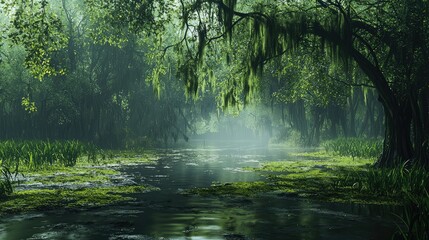 Tranquil Swamp Scene with Lush Greenery and Foggy Atmosphere