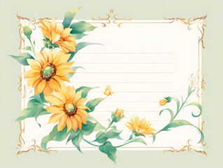 Fototapeta premium Elegant watercolor sunflowers and delicate floral accents frame a lined notecard, perfect for adding a personalized message. Soft yellow and green hues create a serene mood.