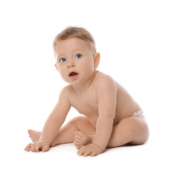 Little baby in diaper on white background