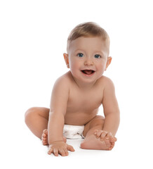 Little baby in diaper on white background