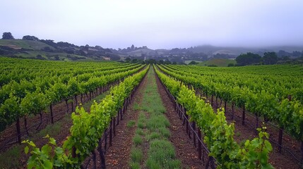 Expansive Vineyard Landscape Under Misty Sky with Green Vines
