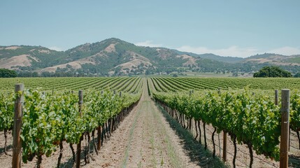 Fototapeta premium Lush Vineyard Landscape with Rolling Hills Under Clear Blue Sky