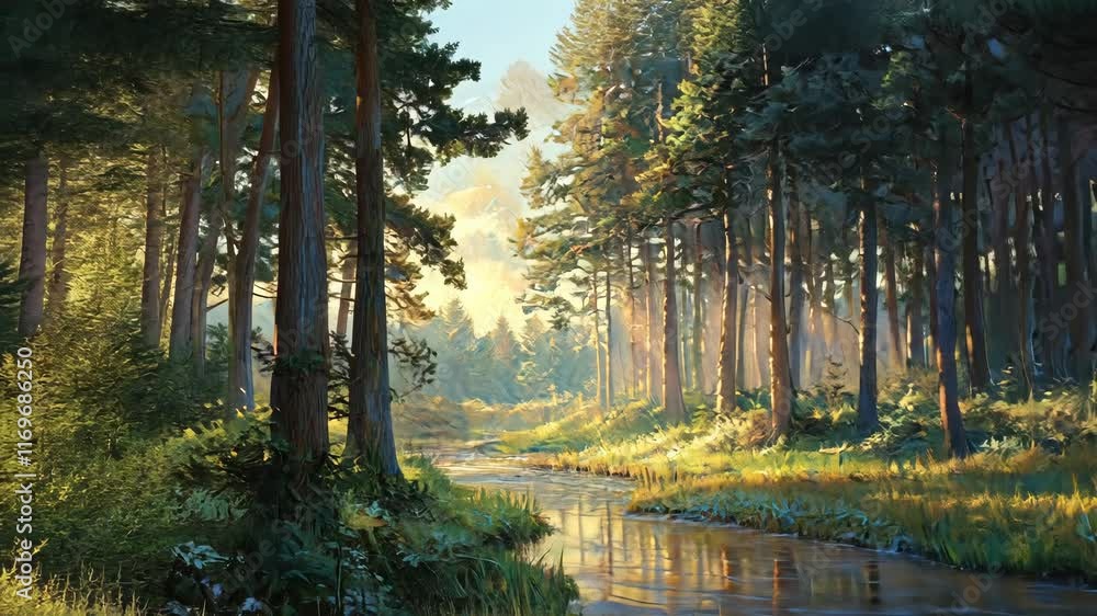 Poster tranquil forest landscape with a winding stream and sunlight filtering through the trees at dawn