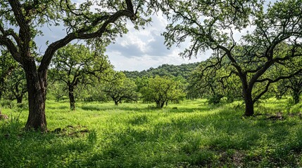Serene Green Landscape with Oak Trees and Lush Grass Under Sky
