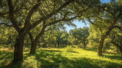 Fototapeta premium Serene Forest Landscape with Green Oak Trees and Sunshine Rays