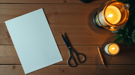A4 paper mockup with scissors, cozy workspace atmosphere, illuminated by warm candlelight