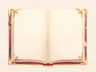 Open antique book with blank pages, ornate gold corners, and a rich burgundy cover. Perfect for fantasy or fairytale themes.