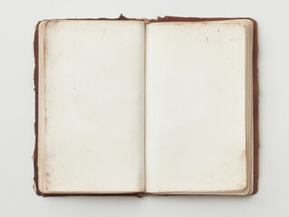 Blank pages of an antique book.  Aged, creamy off-white paper with a worn, brown cover.