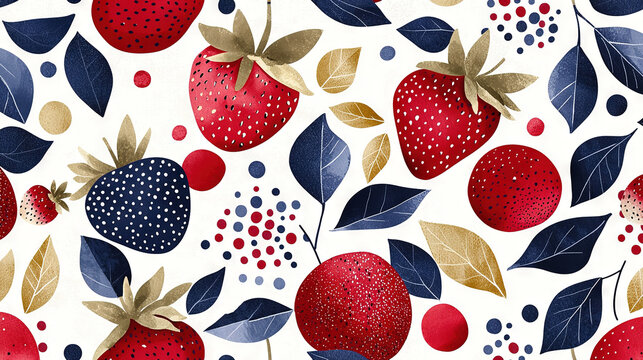   A zoomed-in image of strawberries and berries against a white backdrop, featuring blue, red, and gold foliage