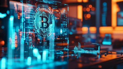 Holographic Bitcoin symbol with futuristic charts and glowing data displays. - Powered by Adobe