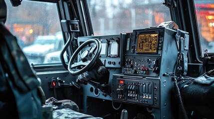 Military Vehicle Interior with Advanced Control Panel and Dashboard