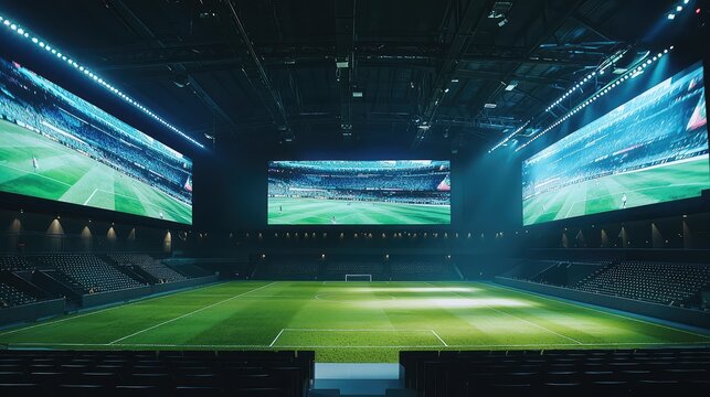 Modern stadium interior with vibrant display screens and grass field