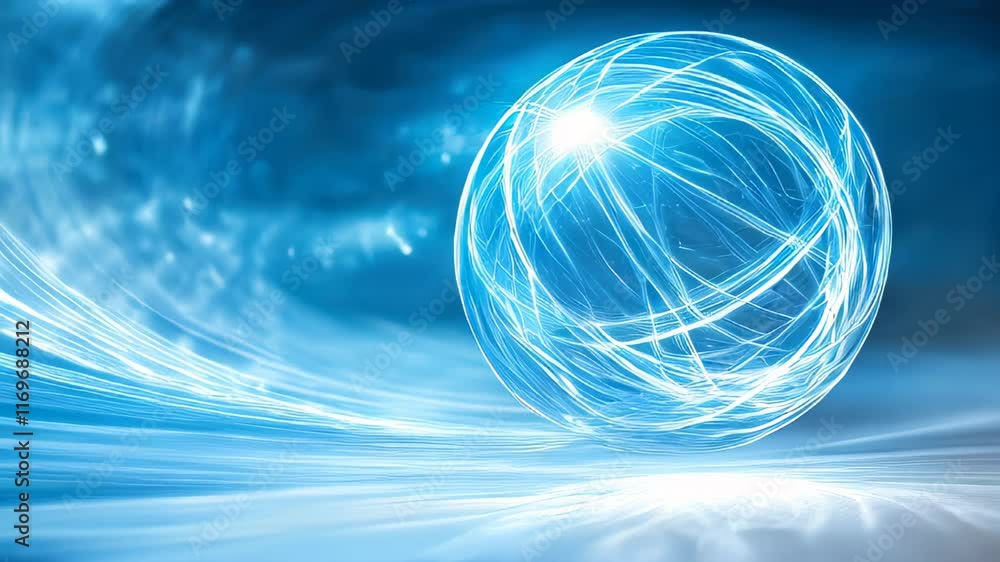 Poster mystical blue light sphere swirling through an ethereal space of luminescent energy and motion