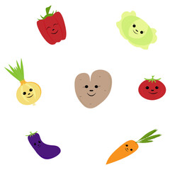 Set of vegetables bell pepper cabbage onion tomato eggplant carrot potato in the shape of a heart. Vector illustration