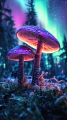 Majestic Mushrooms Under Vibrant Northern Lights Display