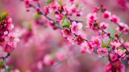  A picture of a tree with pink blossoms on it and a green foliage atop the top branch