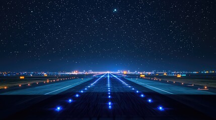 Nighttime Airport Runway with Starry Sky and Illuminated Lights