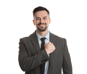 Man making promise on white background. Oath gesture