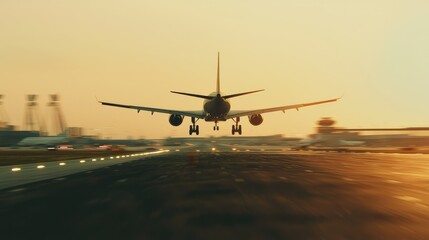 Fototapeta premium Airplane Landing at Sunset with Warm Golden Light and Motion Blur