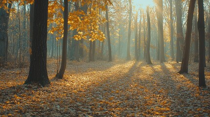 Obraz premium Tranquil Autumn Forest Scene with Golden Leaves and Soft Sunlight