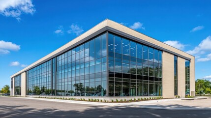 Obraz premium Modern glass and stone office building on a sunny day.