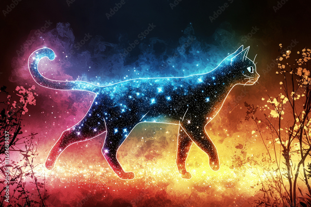 Poster cosmic cat silhouette glows with vibrant colors and starry patterns, creating magical atmosphere