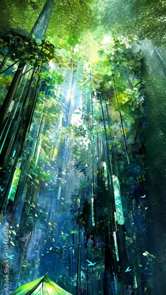Poster lush green forest with towering trees and beams of sunlight filtering through the foliage in a seren