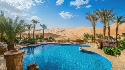 Fototapeta premium Serene Desert Oasis with Pool and Palm Trees Under Bright Sky