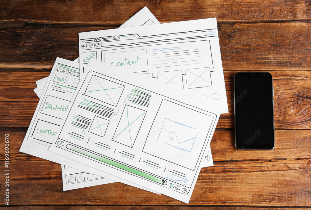 Aufkleber developing ui design. sketches of website wireframes and smartphone on wooden table, top view