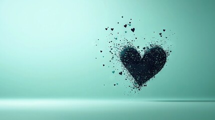   A black heart-shaped object floats atop a green surface with small black dots scattered in its center